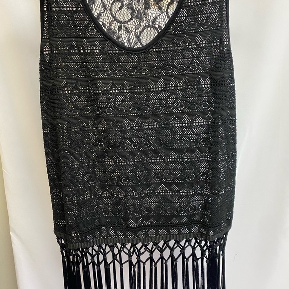 Black Lace Top Size Large with Fringe See Through Not Lined  By One Star - Picture 1 of 9